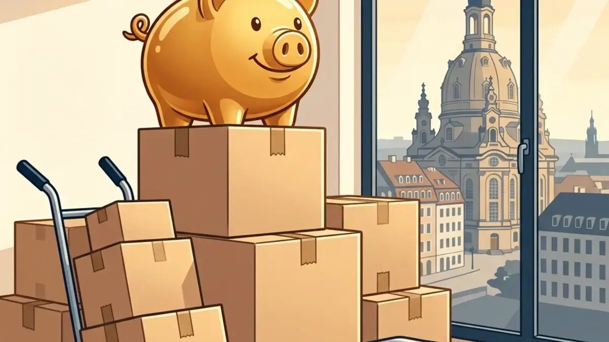 Umzugskartons und Sparschwein als Planungssymbol für den Umzug Berlin Dresden