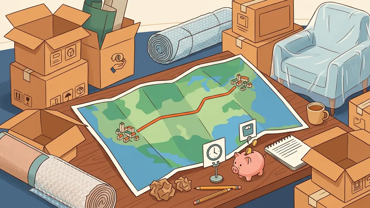 Sparschwein, Karte und Umzugskartons als Symbol für die Planung eines Umzugs von Berlin nach München