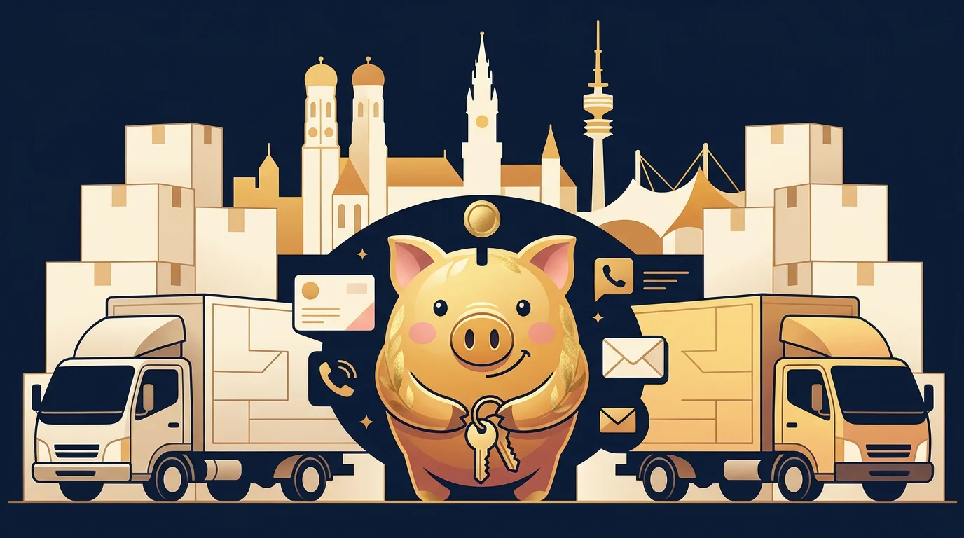 Sparschwein-Maskottchen mit Münchner Umzugsfirmen und Kontaktkarten
